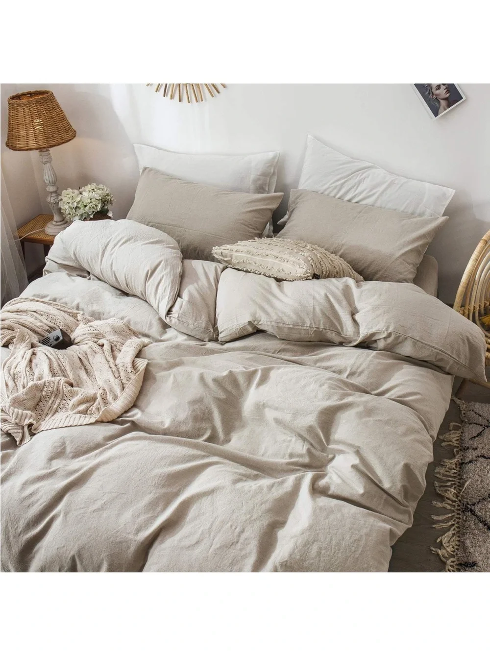 NEW MooMee Bedding Duvet Cover Set 100% Washed Cotton Linen Like. Tannish grey